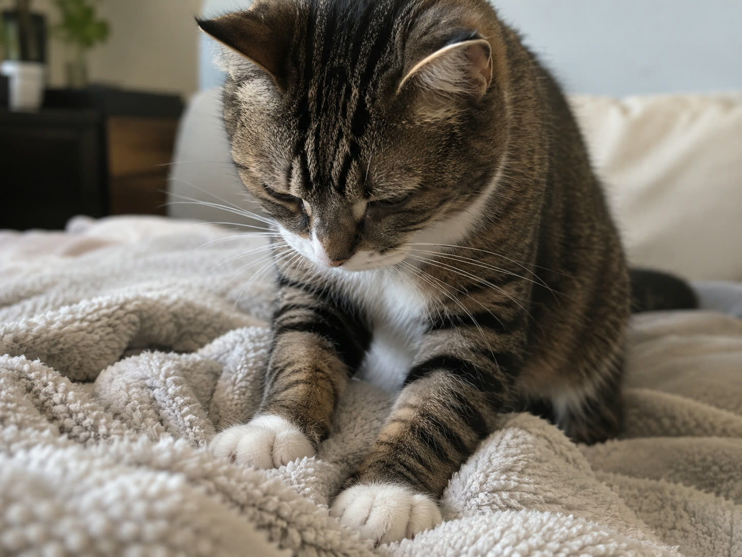 A tabby cat kneading a fleece blanket with both front paws